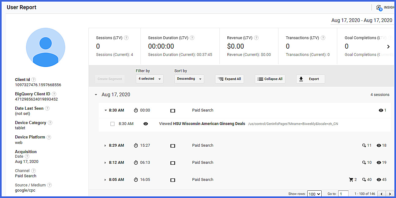 google analytics user view